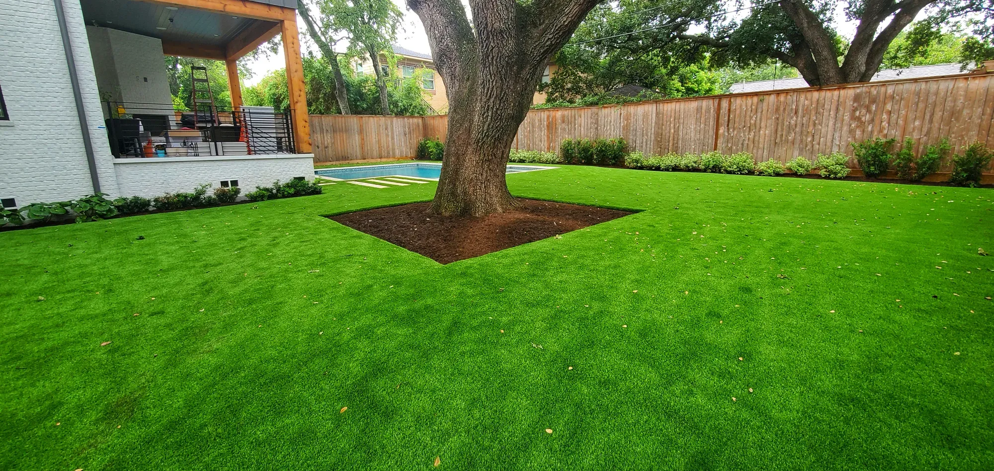 A completed TNT Turf lawn filling a shaded back yard, cut in around a mature oak and running to the pool coping