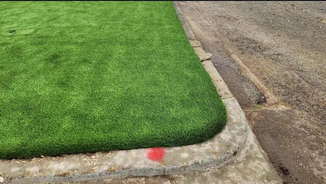 Close-up of a finished turf edge cut to a clean curve and held tight against a concrete curb